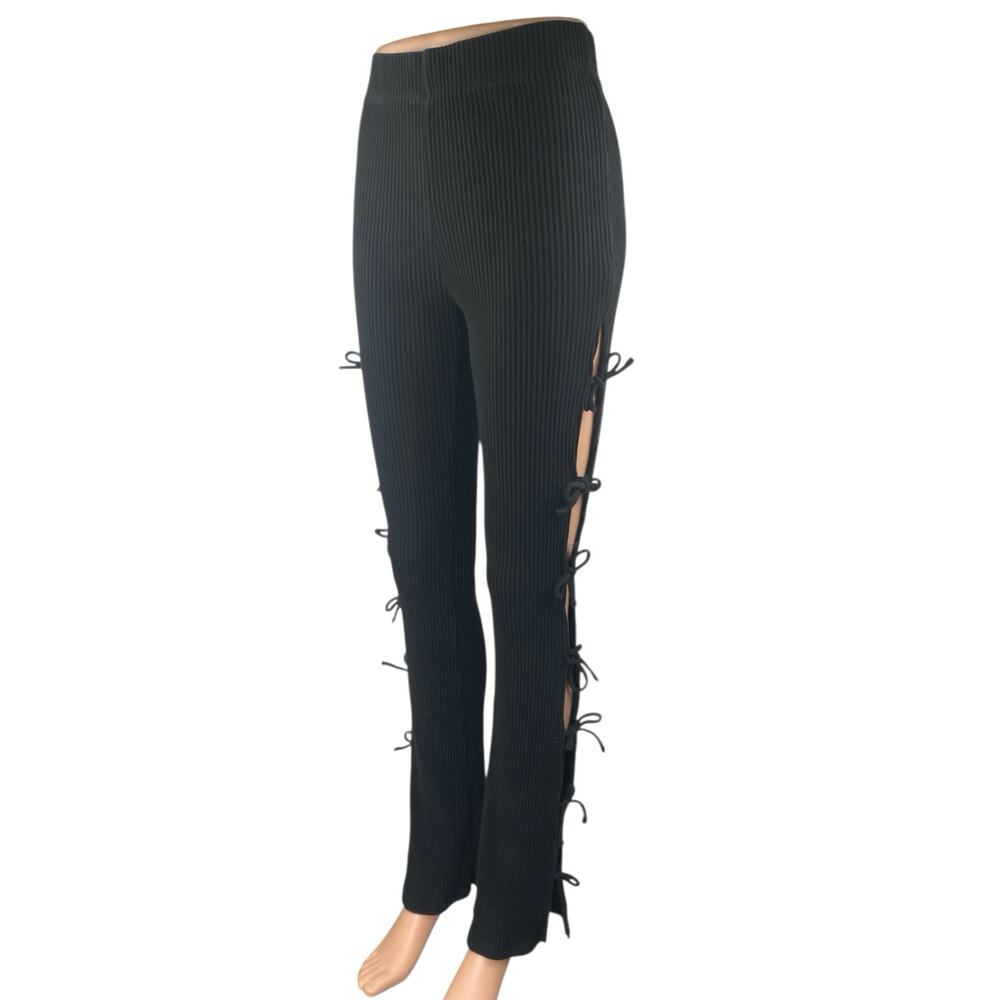 White Fox Women's Black Rib Knit Cutout Knot Side Flared Trousers Pants Size S